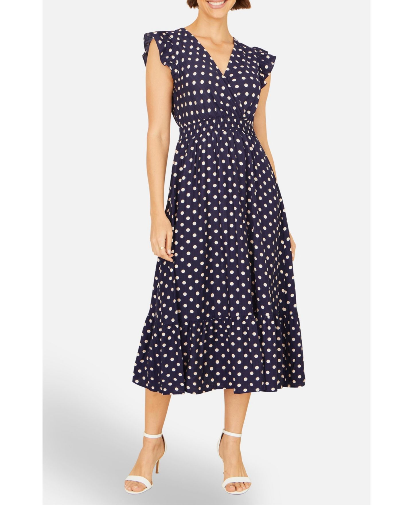 Женское платье Yumi Spot Ruched Waist Midi, цвет: Тёмно-синий — фото 6