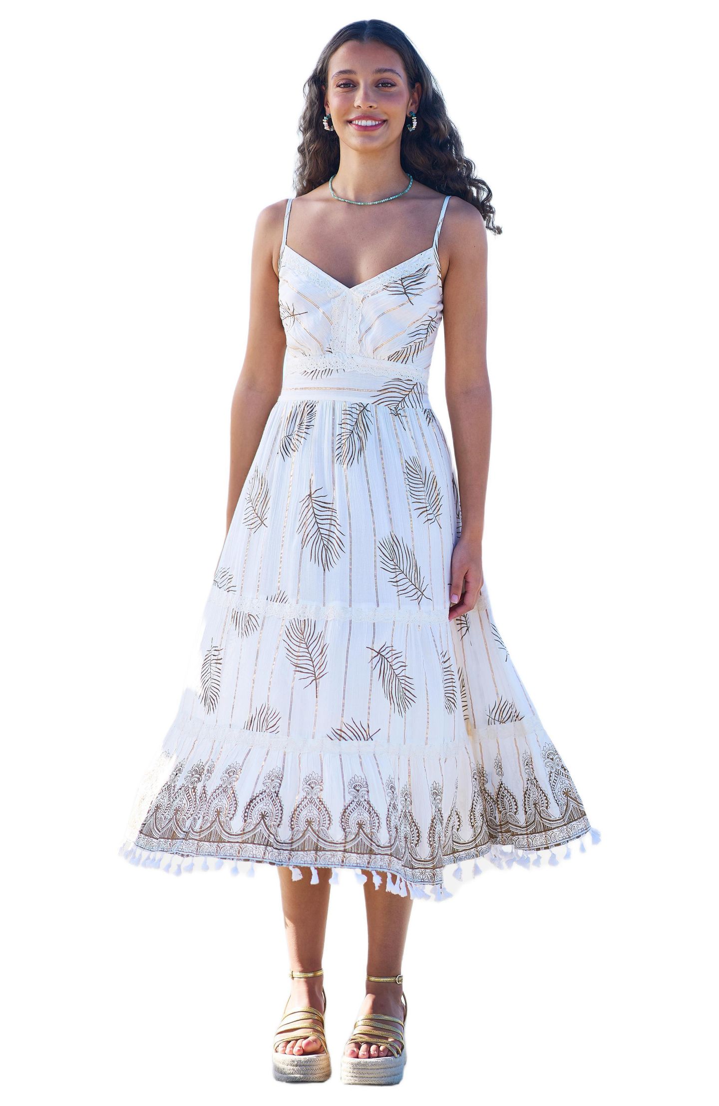 Женское платье Yumi Foil Print Lace Trim Midi Sun, цвет: Слоновая кость — фото 1