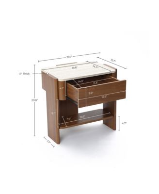 Faux Travertine Nightstand with Drawer and Open Shelf, MDF Wood Accent Side Table