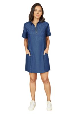 Women's Cotton Chambray Zip Neckline Dress