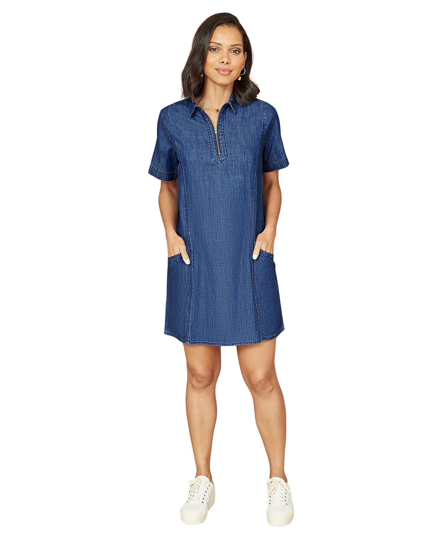 Women's Cotton Chambray Zip Neckline Dress