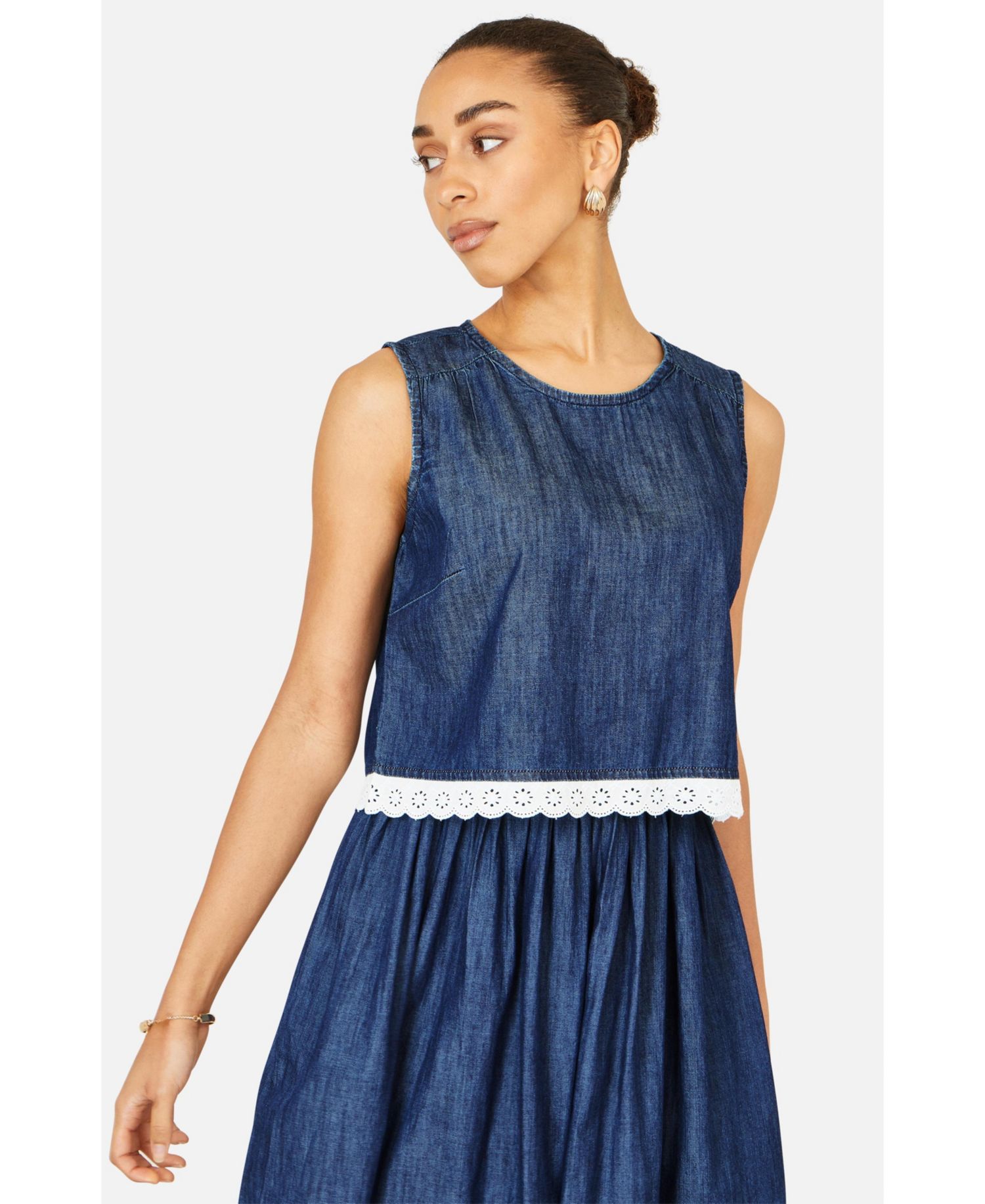 Women's Cotton Chambray Lace Trim Top