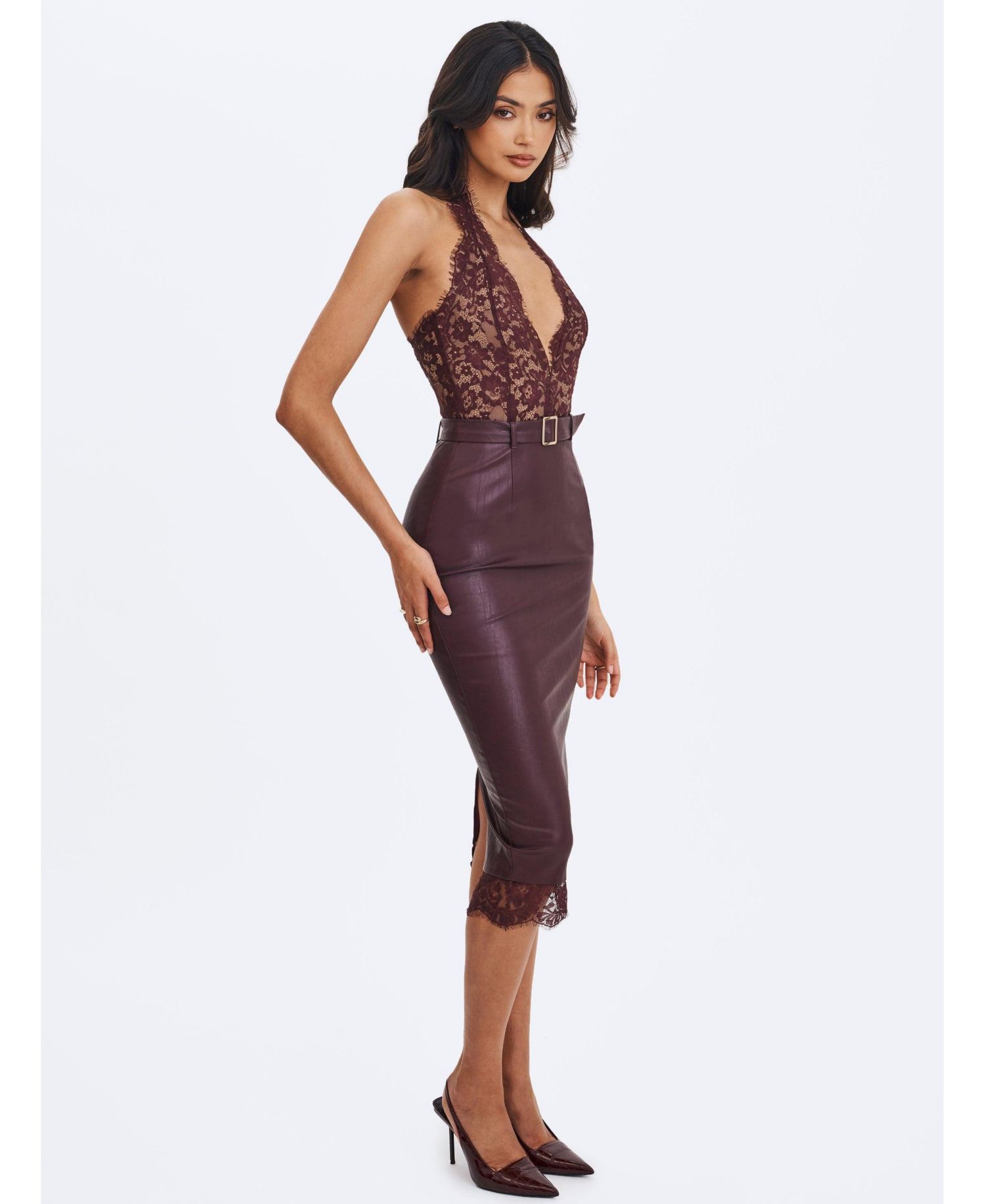 Women's Fiera Mahogany Plunging Halter Belted Midi Dress