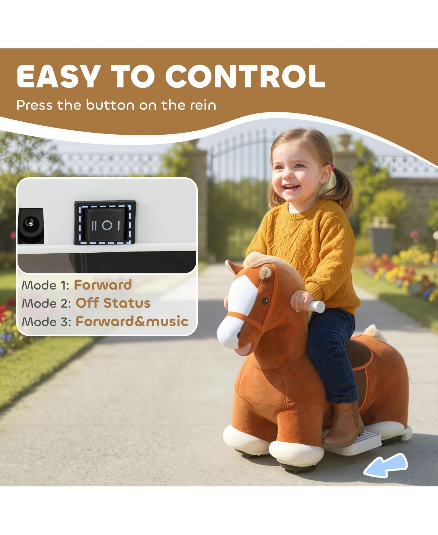 Детская игрушка Qaba 6V Ride on Horse, Battery Powe Electric Ride on Toy with Music, цвет: Коричневый — фото 4