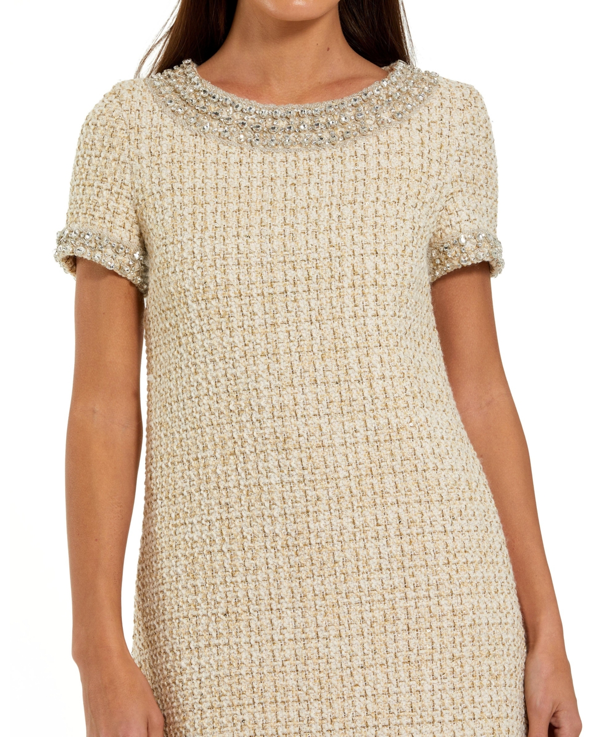 Mac Duggal Women's Short Sleeve Boucle Mini Dress With Beading Detail