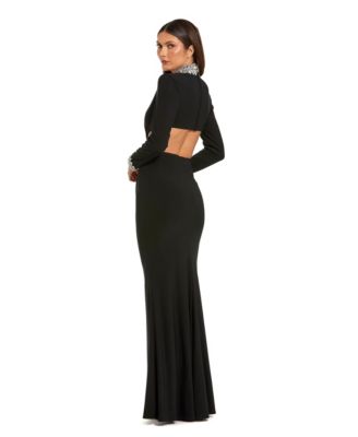 Women's Embellished Jersey Long Sleeve Cut Out Evening Gown