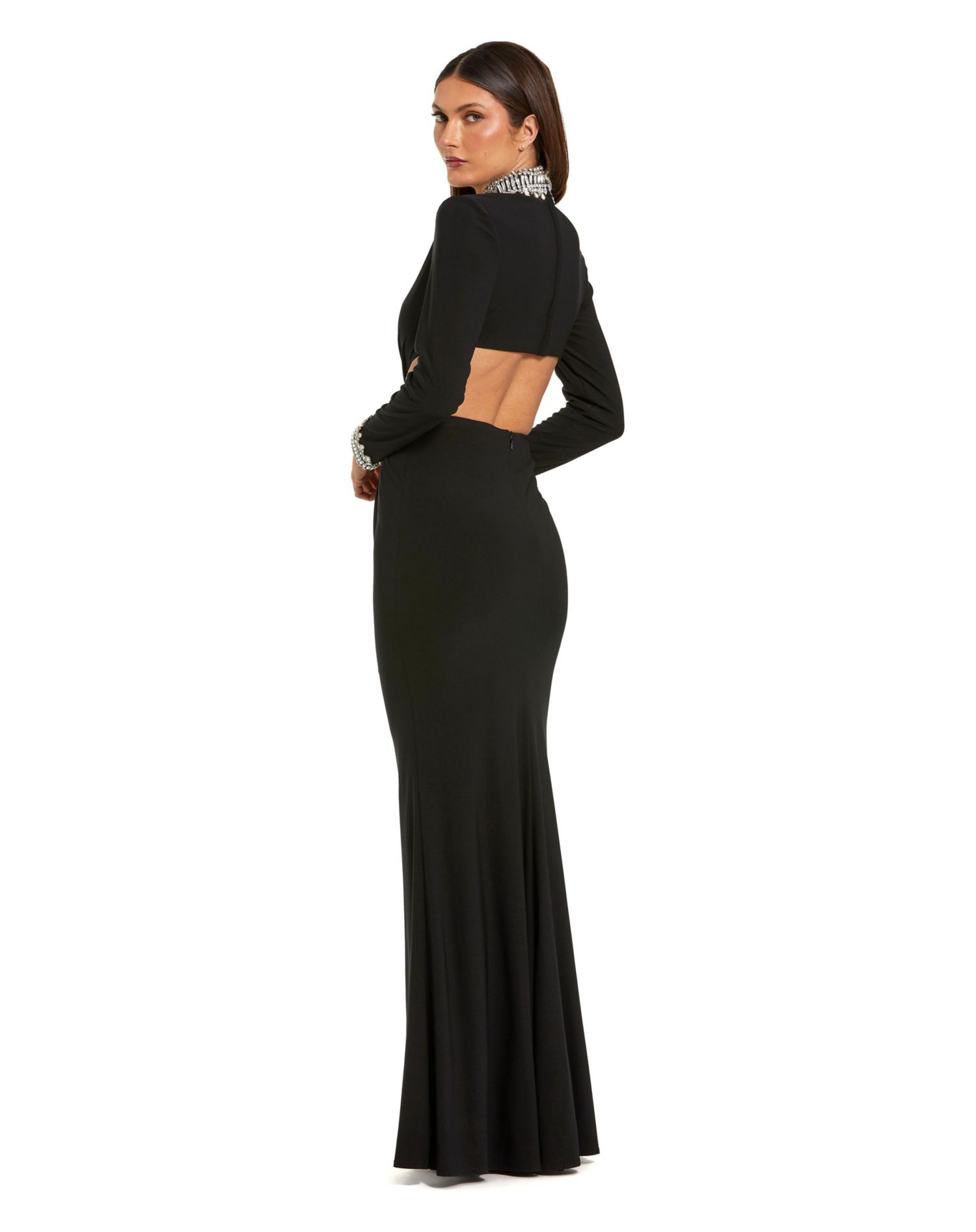 Women's Embellished Jersey Long Sleeve Cut Out Evening Gown