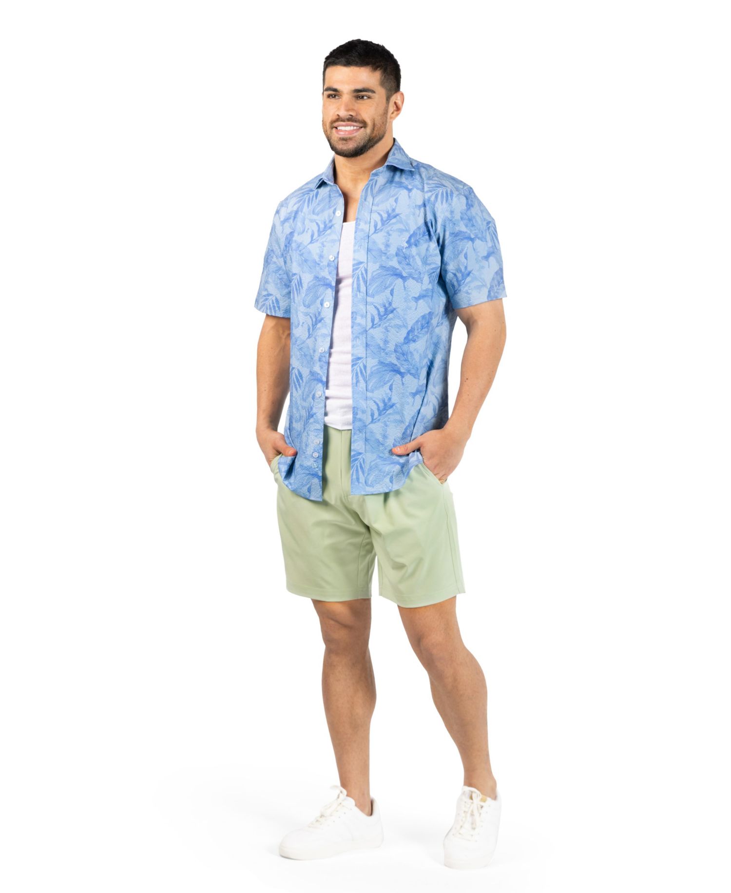 Men's Tropical Leaves Printed Seersucker Short Sleeve Shirt