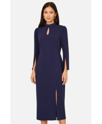 Women's Mock Neck Keyhole Tailored Midi Dress