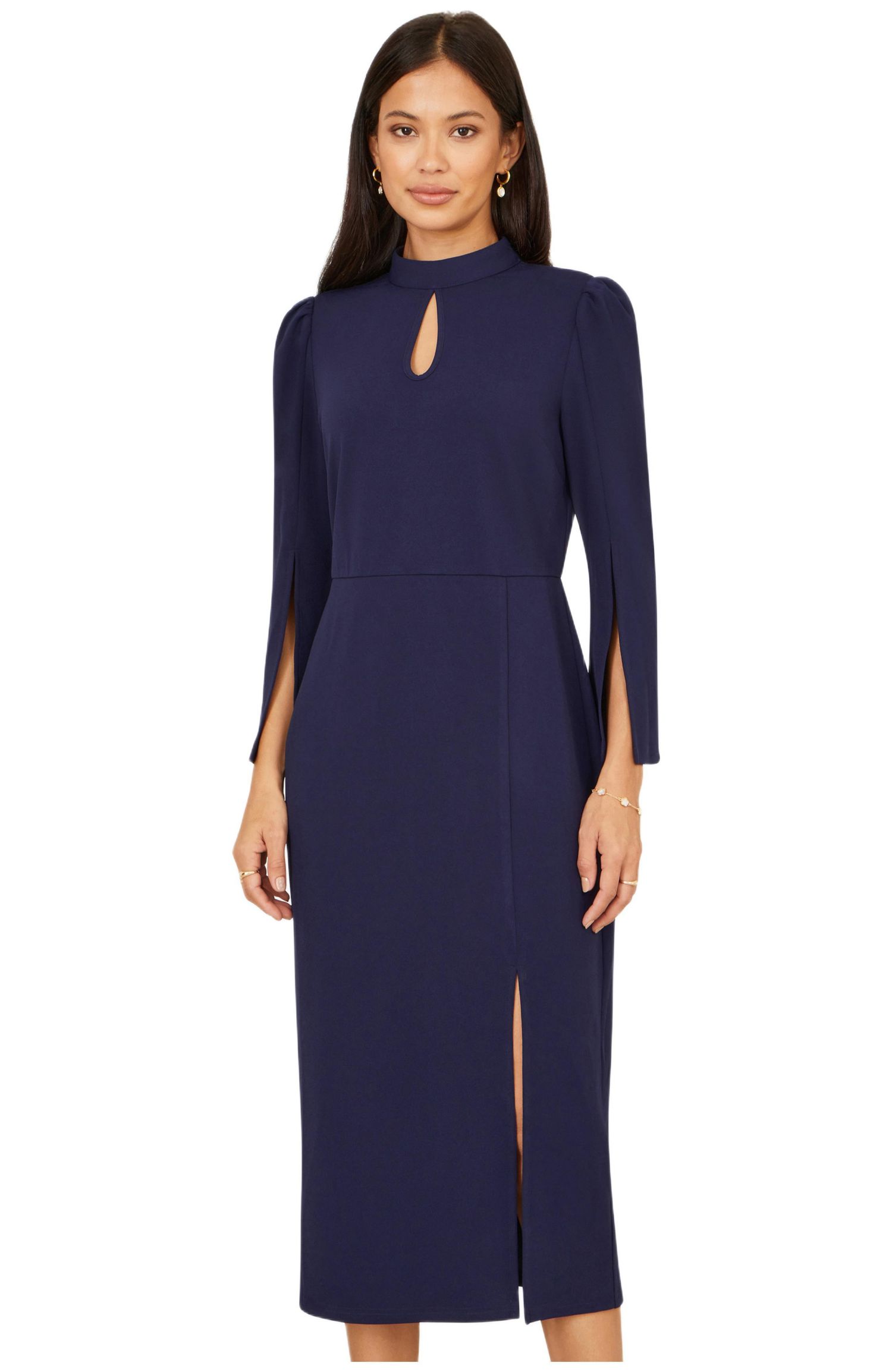 Women's Mock Neck Keyhole Tailored Midi Dress