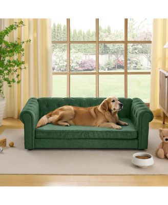 Oversized Beige Linen Dog Sofa, Modern Elevated Pet Bed for Large Breeds