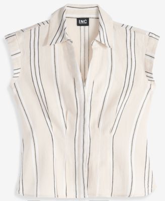 Petite Printed Short-Sleeve Collared Button-Up Blouse