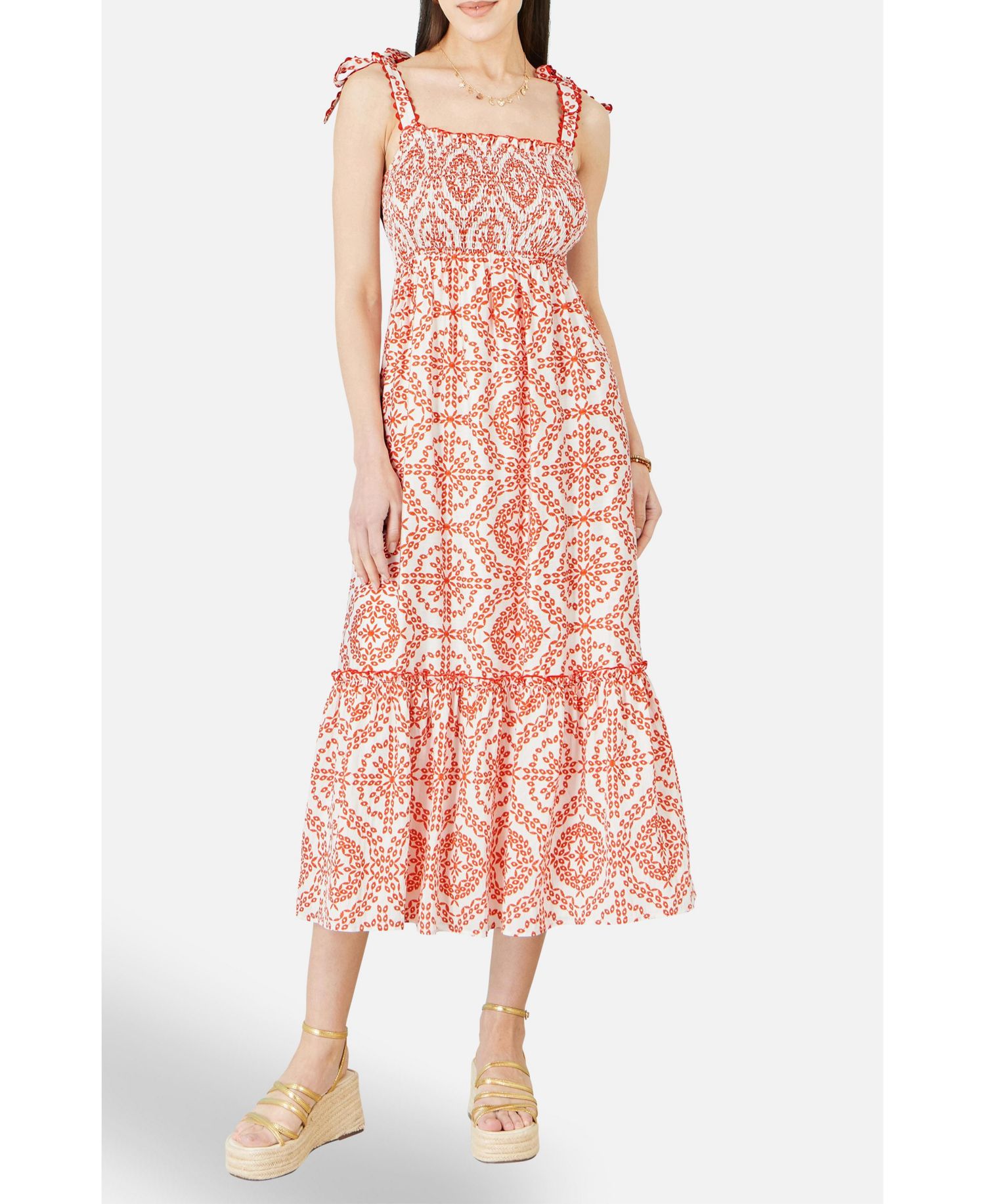 Women's Viscose Ruched Tie Strap Midi Sun Dress