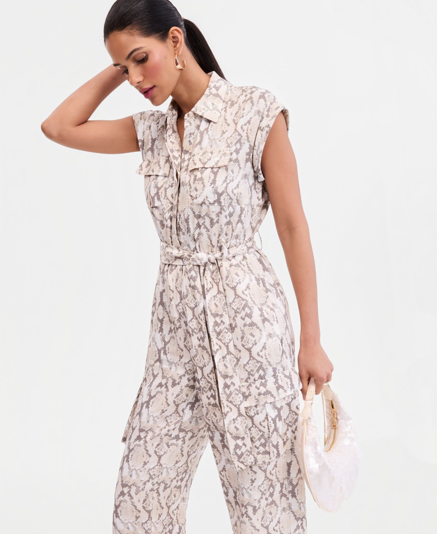 Women's Short-Sleeve Snake Print Belted Jumpsuit