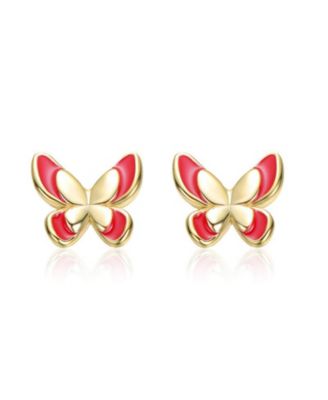 Dainty 14K Gold Plated Red Enamel Butterfly Stud Earrings