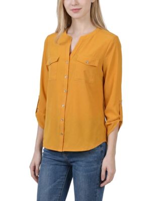 Women's 3/4 Roll Tab Sleeve Mandarin Collar Blouse