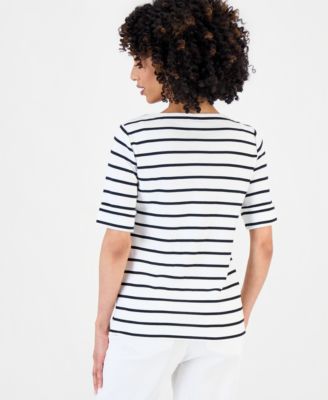 Petite Boat-Neck Elbow-Sleeve Top