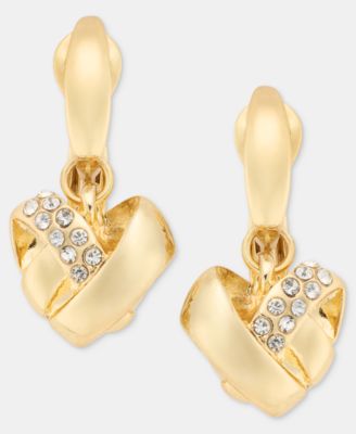 Pav&eacute; Knot Heart Clip-On Drop Earrings