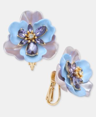 Crystal Flower Clip-On Button Earrings 