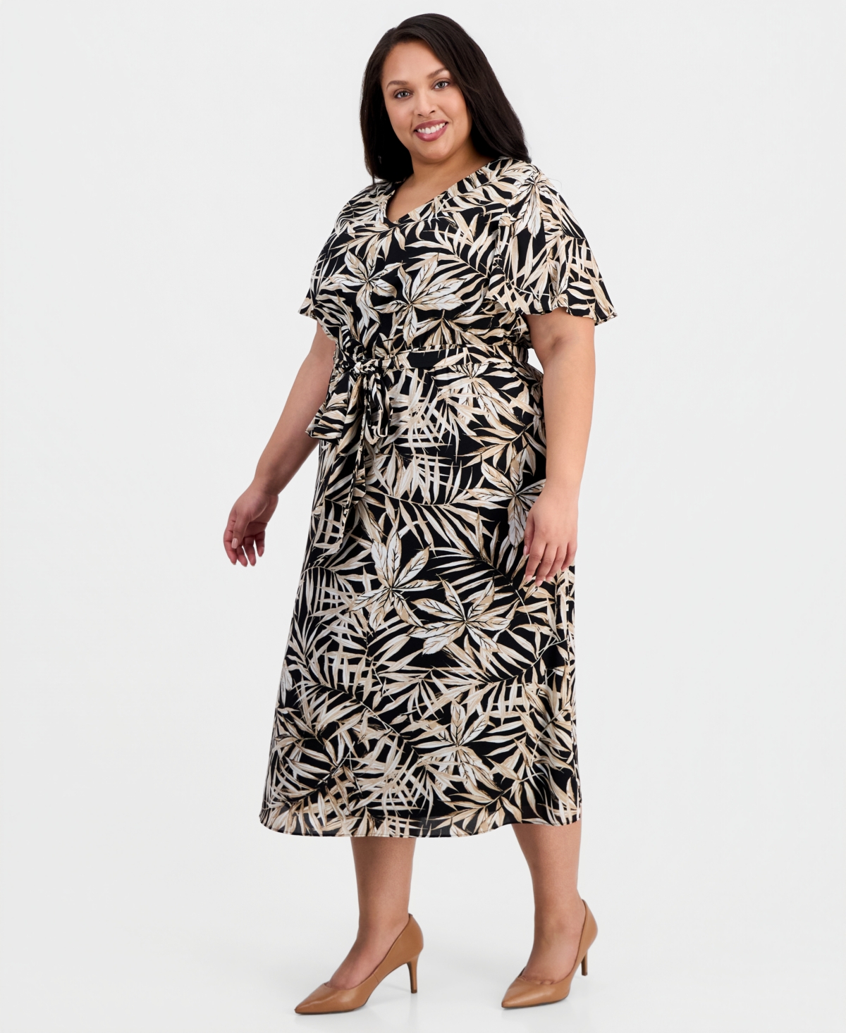 Kasper Plus Printed V-Neck Flutter-Sleeve Dress