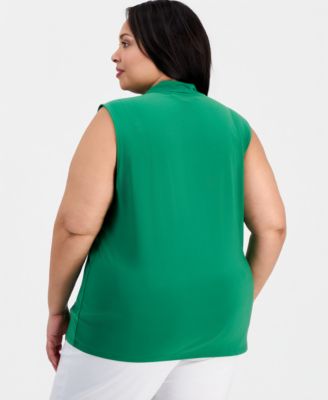 Plus Size Pleat-Neck Sleeveless Top