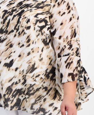 Plus Size Printed Boat-Neck Ruffle-Sleeve Blouse