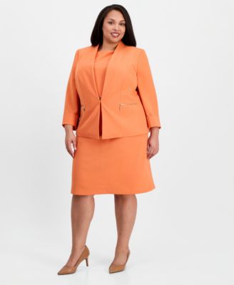 Plus Size Collarless Open-Front Zip-Pocket Jacket & Boat-Neck Sleeveless Sheath Crepe Dress