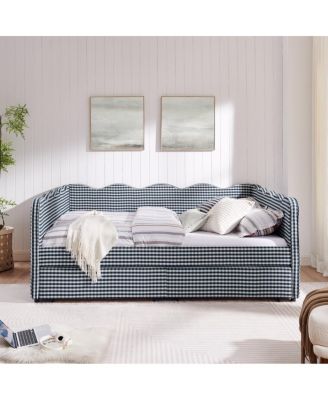 Wood Gingham Wave Shape Daybed with USB Port & 2 Storage Drawers
