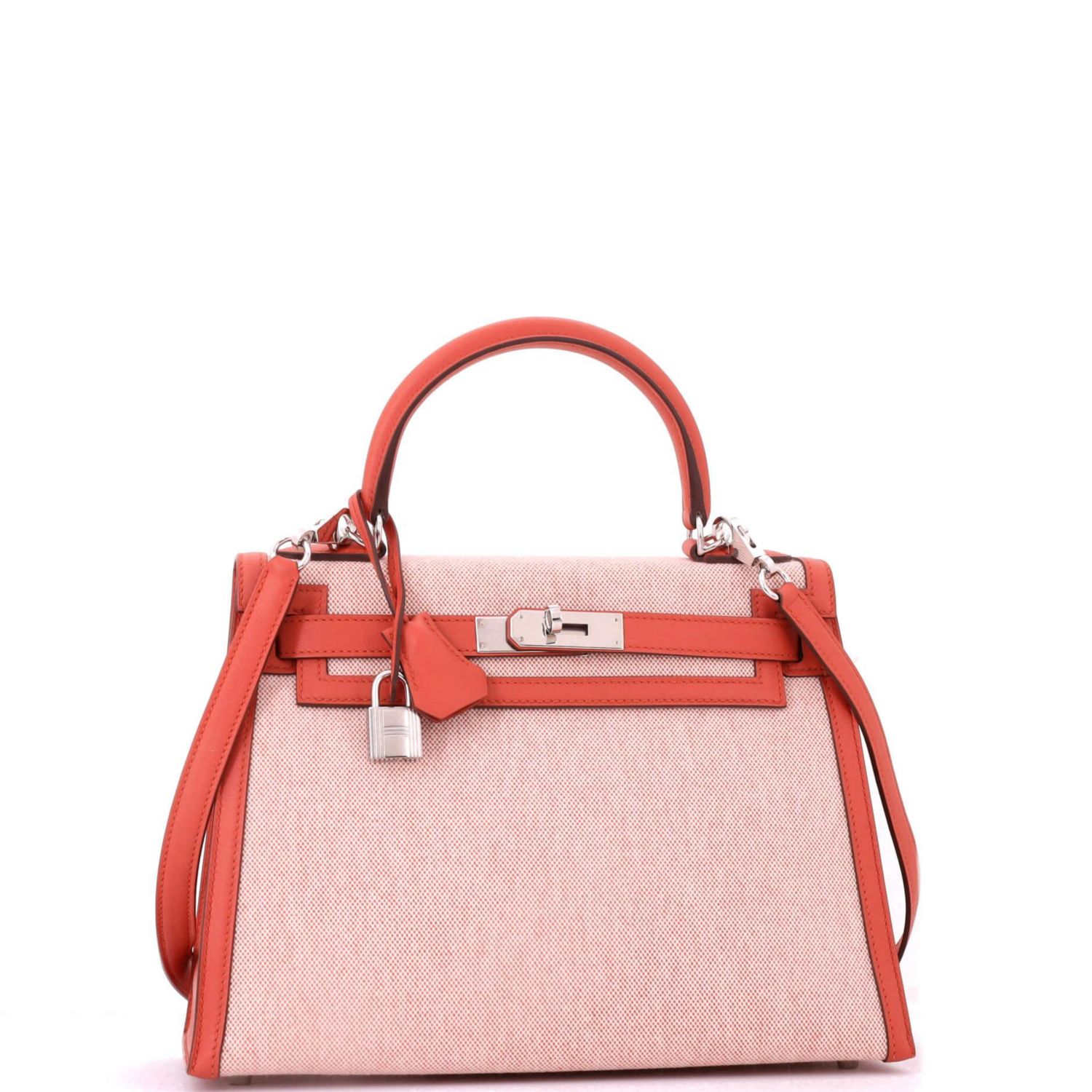 Kelly 28 Handbag Toile and Brown Swift with Palladium Hardware