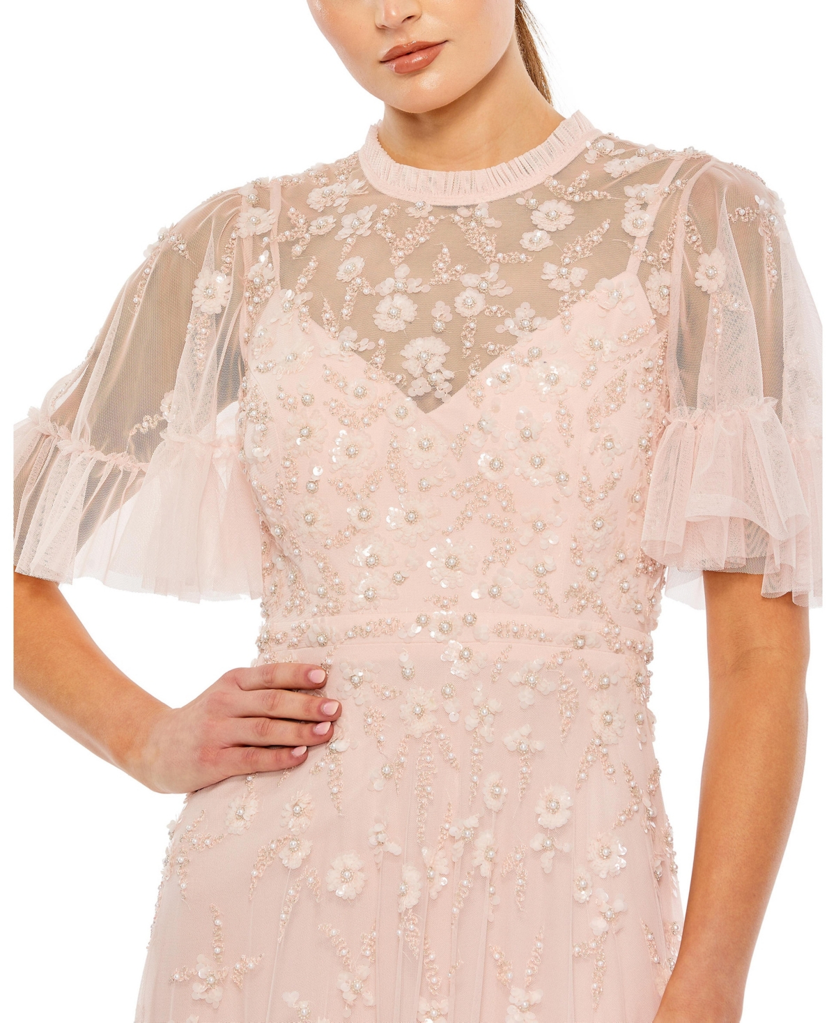 Mac Duggal Women's Ruffled Floral Embellished Flutter Sleeve A Line Gown