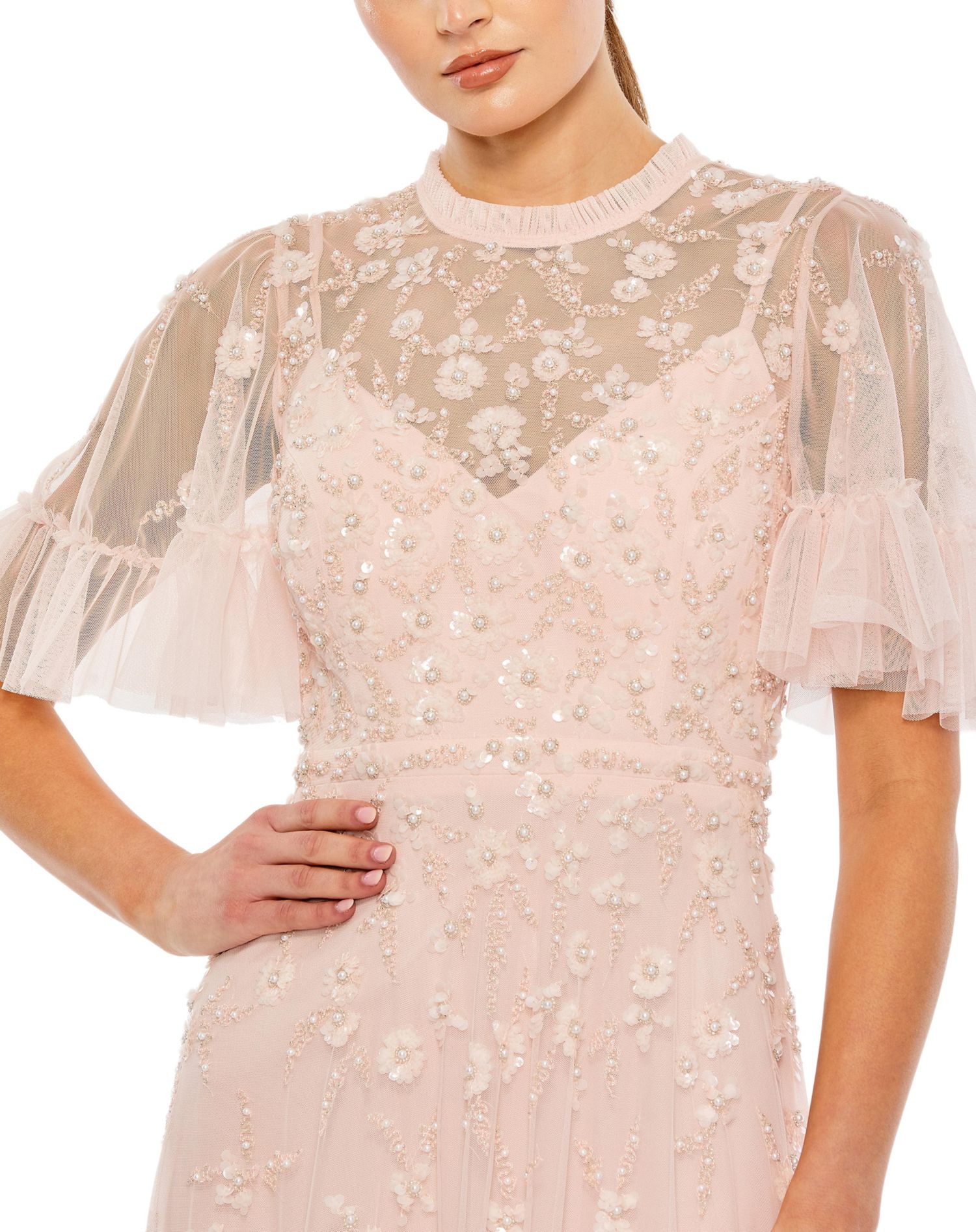 Women's Ruffled Floral Embellished Flutter Sleeve A Line Gown