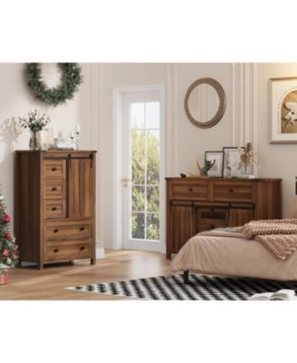 Farmhouse 5 Drawer Dresser for Bedroom, 48" Tall Wood Dressers Chest of Drawer with Sliding Barn Door, Adjustable Shelf, Storage Organizer