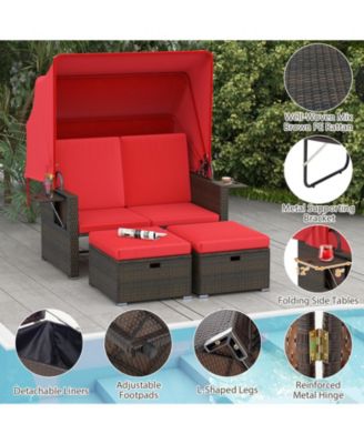 Rattan Daybed w/ Adjustable Backrests & Retractable Canopy for Patio