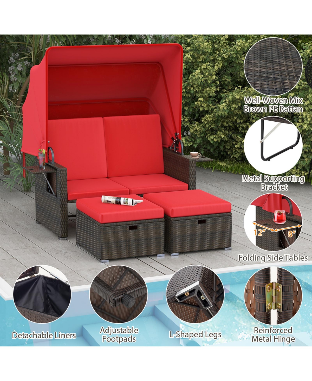 Gymax Rattan Daybed w/ Adjustable Backrests and Retractable Canopy for Patio