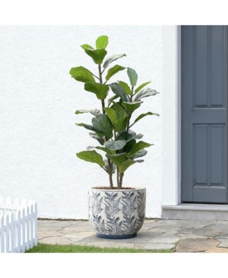 Blue Botanical Floral Ceramic Planter, 15.5" Round Garden Pot for Indoor & Outdoor Plants