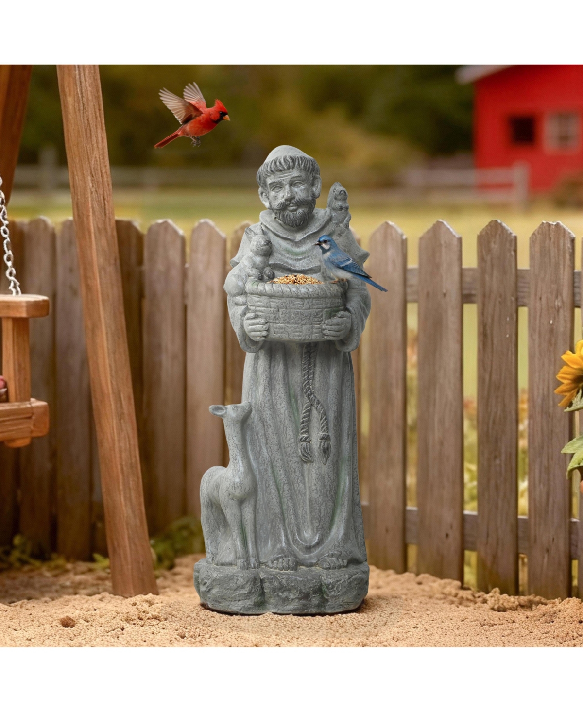 LuxenHome Saint Francis Garden Statue with Birdfeeder Bowl, Outdoor Sculpture with Animal Companions
