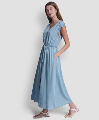 Women's Ruched Shoulder Sleeveless V-Neck Dress