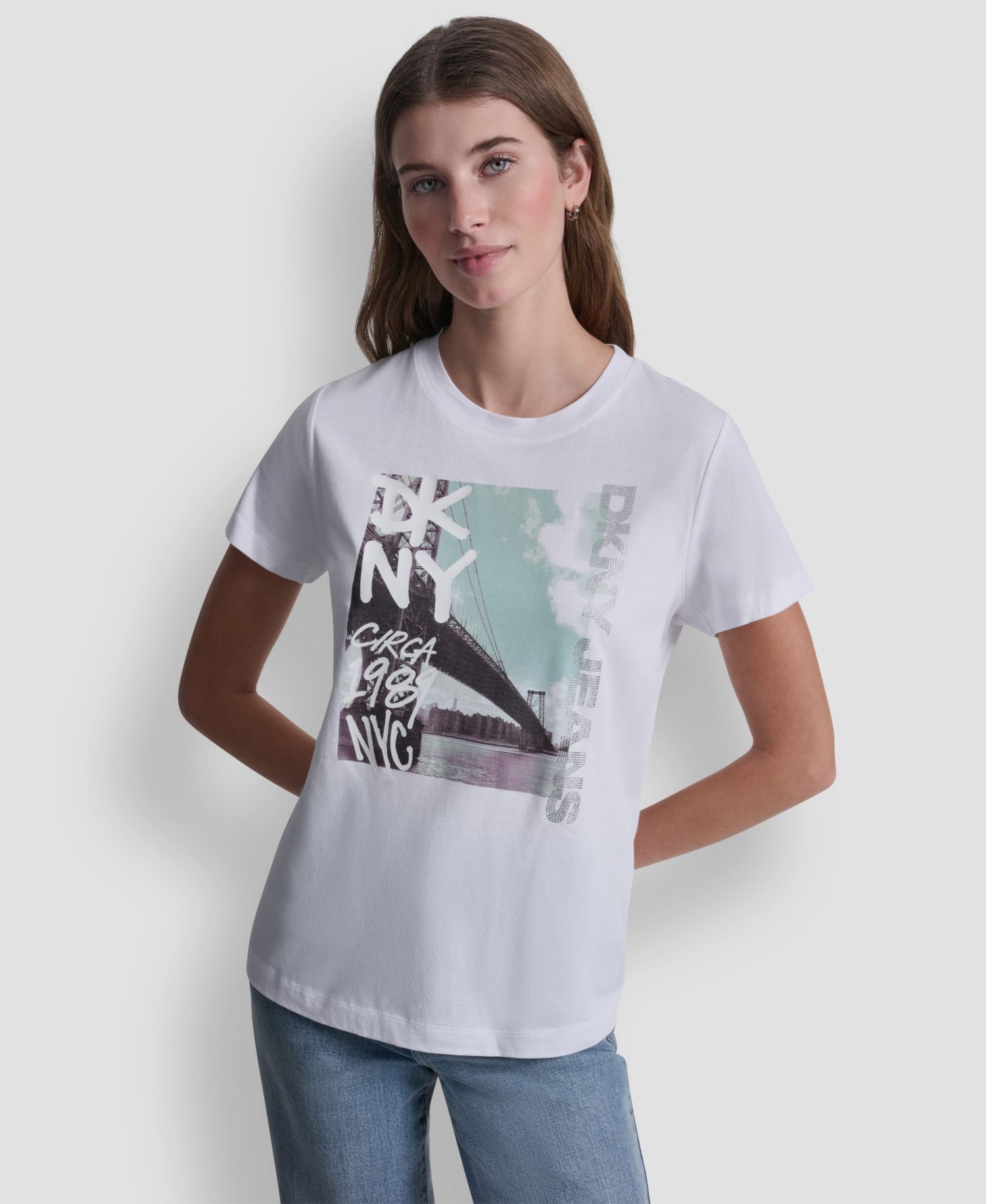Women's Rhinestone Graffiti Logo Crew Neck T-Shirt