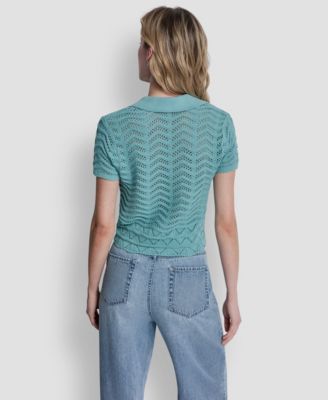 Women's Short-Sleeve V-Neck Polo Cropped Sweater