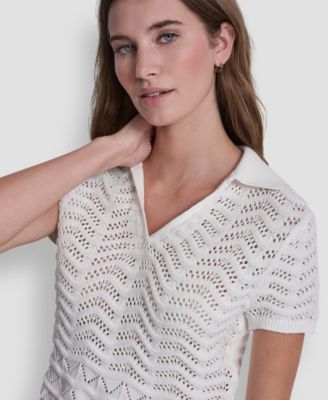 Women's Short-Sleeve V-Neck Polo Cropped Sweater