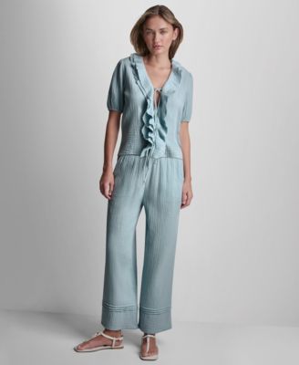 Women's V-Neck Short Puff Sleeve Tie-Front Shirt