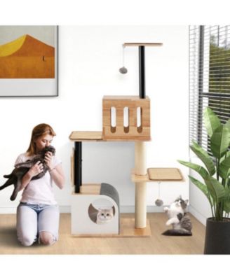 Modern Tall Cat Tower with Double Condos, Dangling Balls & Sisal Carpets, Indoor Cat Furniture
