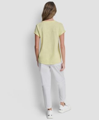 Women's Embroidered Crewneck Logo Roll-Sleeve Top