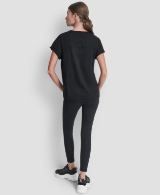 Women's Embroidered Crewneck Logo Roll-Sleeve Top