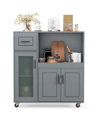 Rolling Kitchen Island Cart with Drawer, Glass Door Cabinet, Storage Shelves