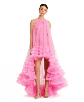 Women's Tulle High Neck Sleeveless Ruffled Hem Hi-Lo Gown