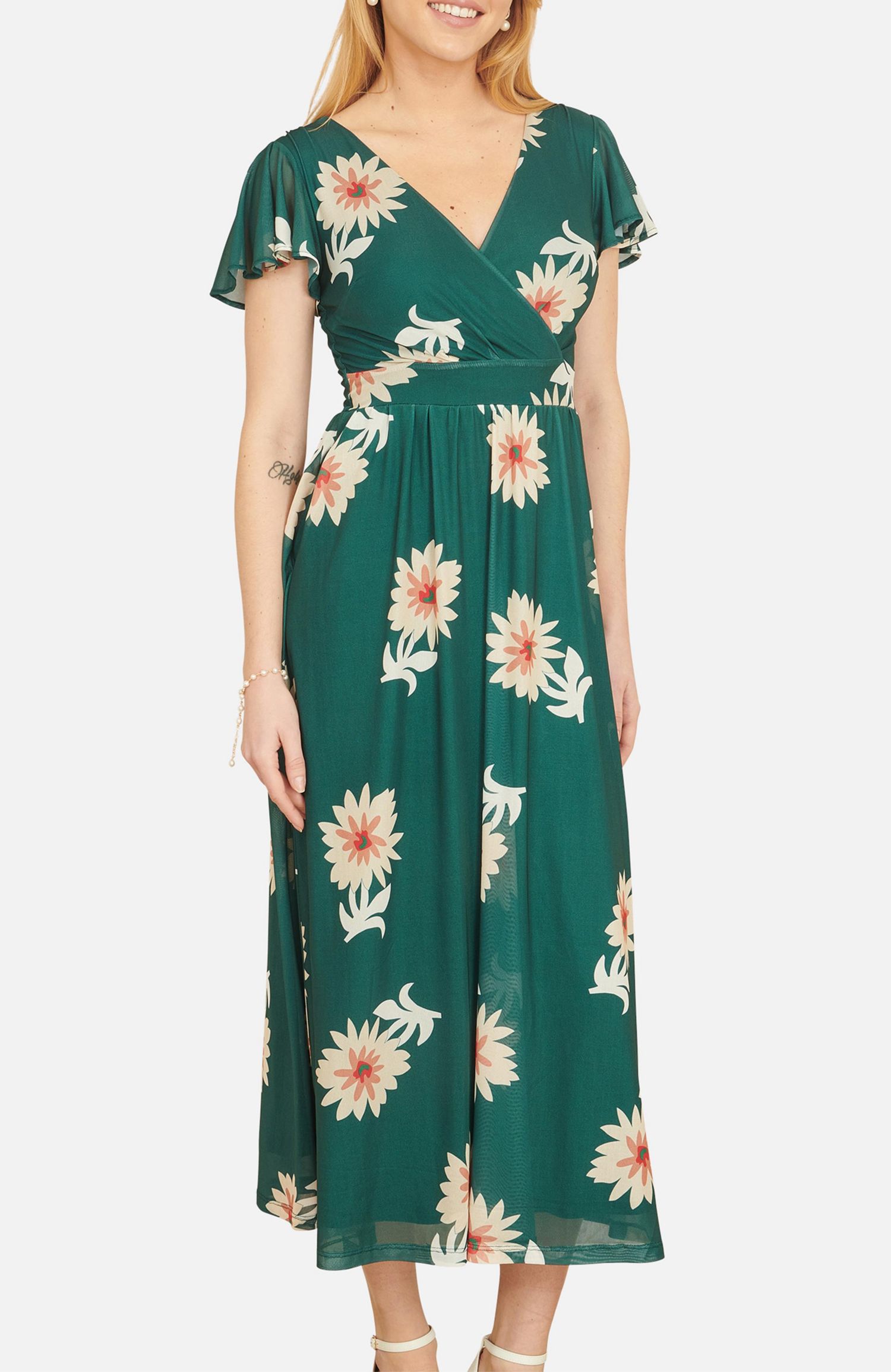 Women's Mesh Flower With Pockets Wrap Midi Dress