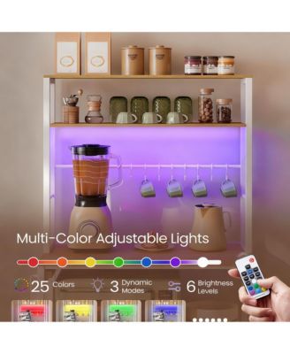 Coffee Bar with LED Lights, Power Strip, Adjustable Shelves, 8 Hooks