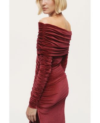 Women's Off-Shoulder Velvet Maxi Dress with Rhinestone Detail