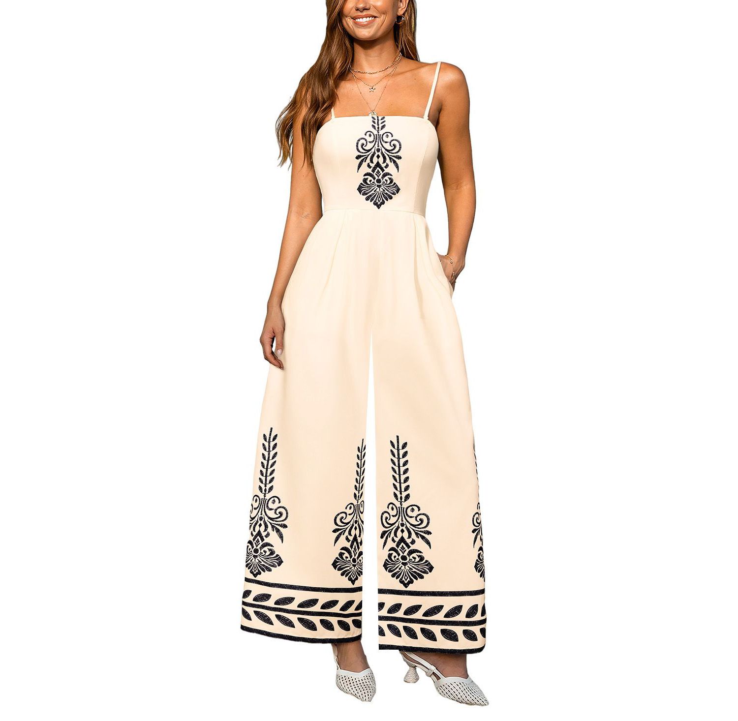 Women's Embroidered Square Neck Wide-Leg Jumpsuit